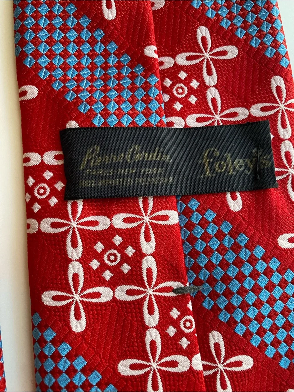 Vintage 70s Pierre Cardin Geometric Wide Tie - Foley's Red Blue White 4